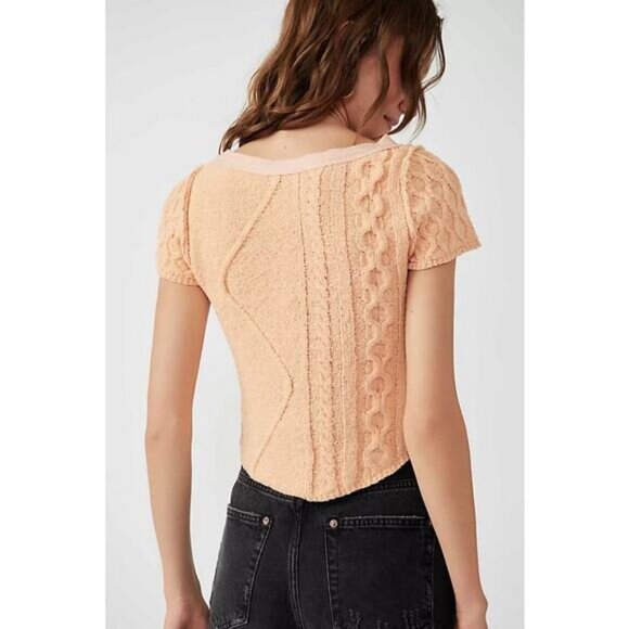NWT FREE PEOPLE Baby Cable Tee In Peach Size Medium - Picture 3 of 7